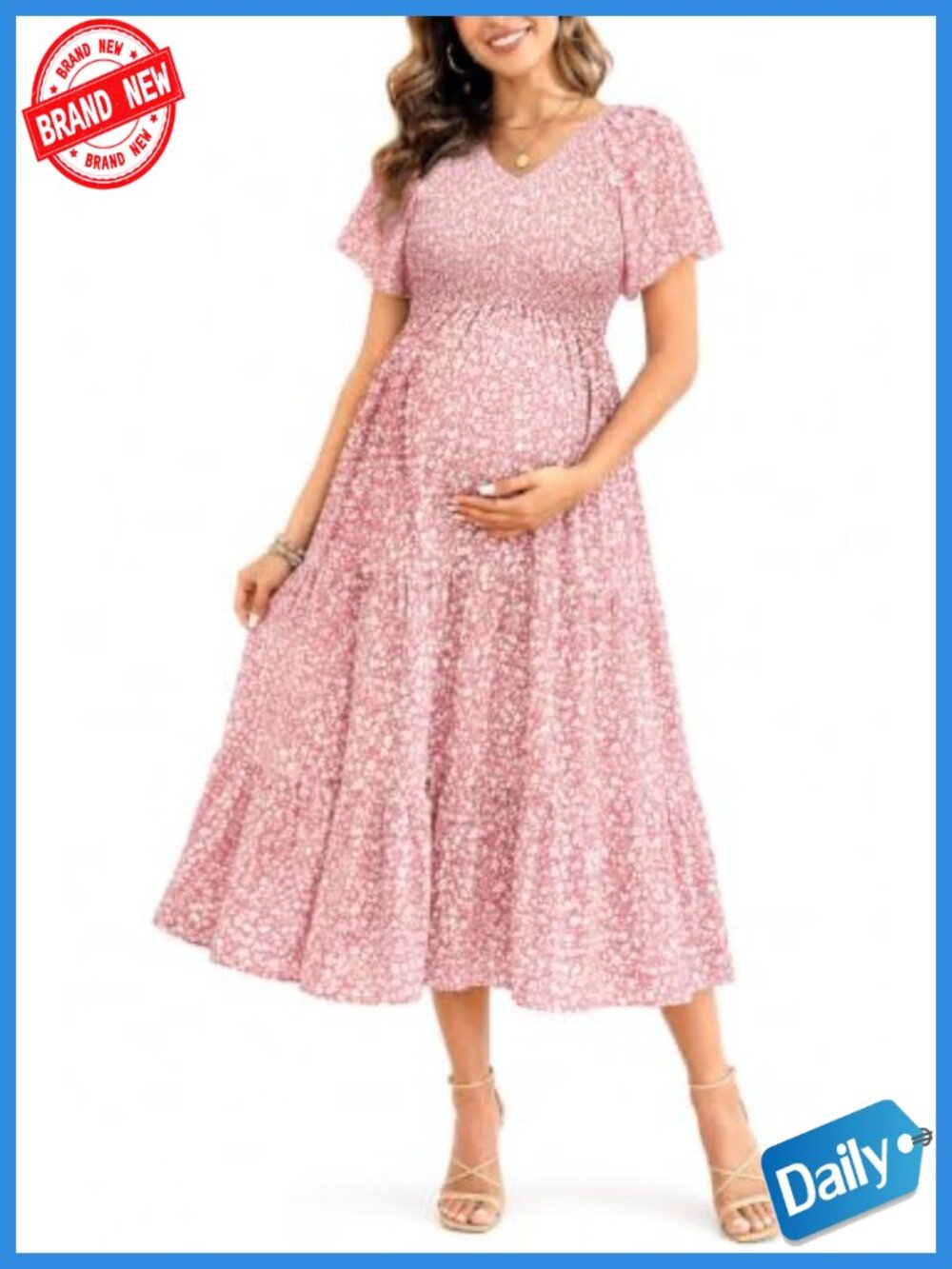 Maternity Midi Dress Smocked V-Neck Flutter Sleeve A-Line Baby Shower Photoshoot